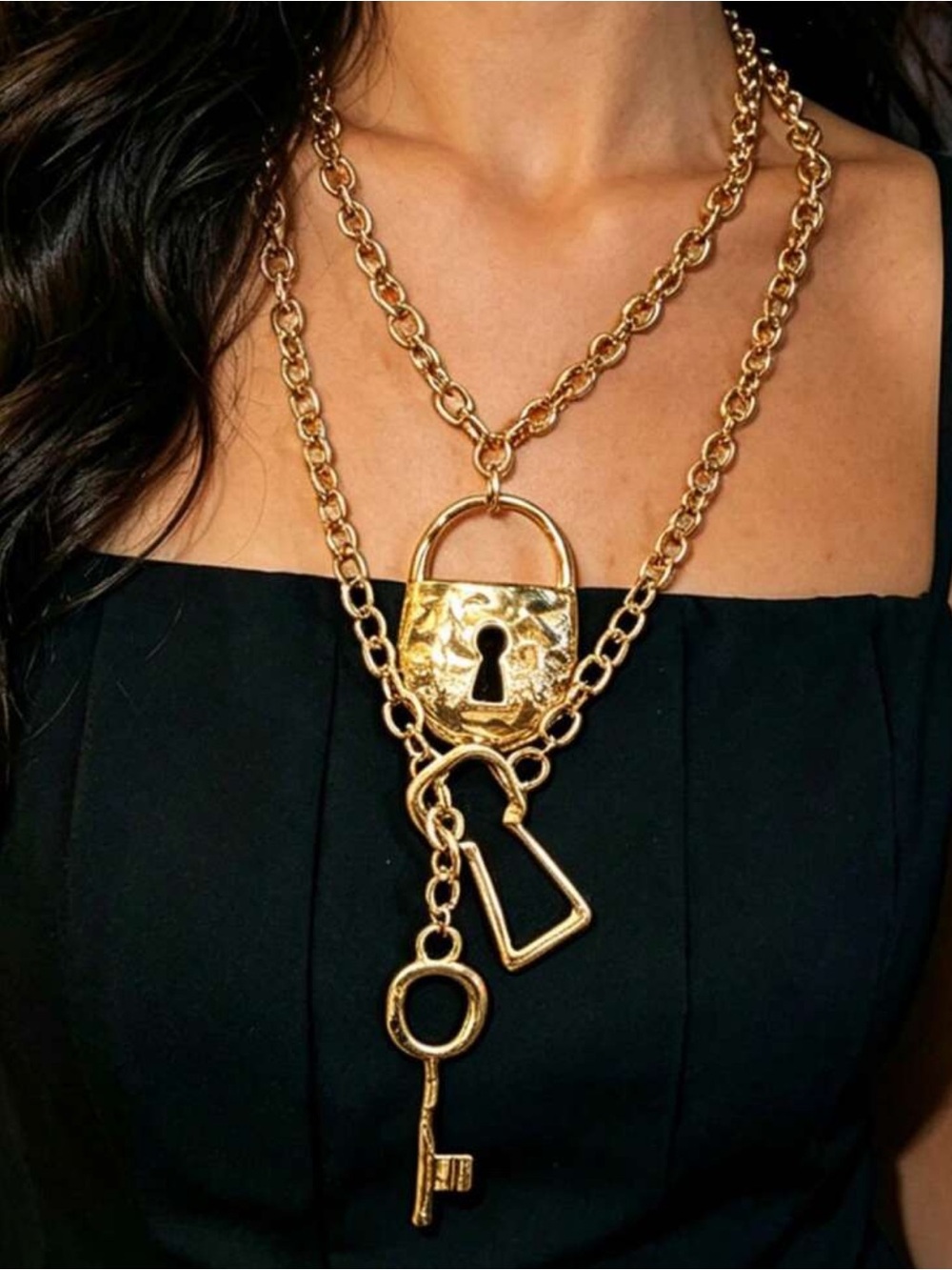 Sculptural Key Lock Necklace Gold Chain Vintage Luxe Pendant